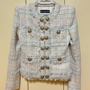 Balmain Women's Elegant Cream and Blue Tweed Blazer - Size 36 Small